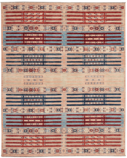 Tapis en laine fait main Takhar avec design tribal rayé