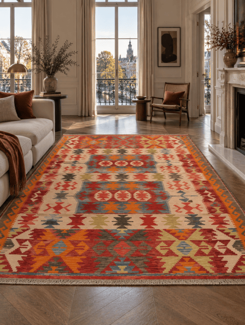 9ba28f7a-0677-4aa6-8e5f-990ad9a80e24 Traditionele Unieke Handgemaakte Ghazni Wol Kilim Tapijt